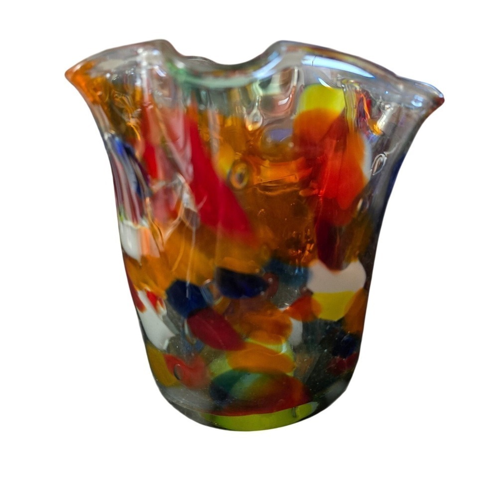 Art Glass Handkerchief Vase Hand Blown Confetti Multi Color Ruffled Rim 4.5in